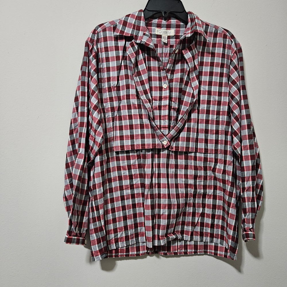 Cassidy Vintage Plaid Button Up Shirt Womens 8 Red Grey Cotton Herringbone‎ Top